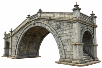 Vintage old arched stone bridge, isolated PNG transparent background