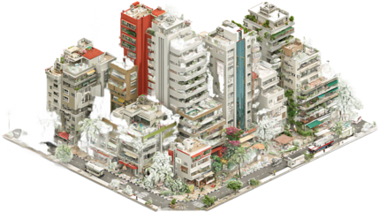 Isometric view of a dense urban cityscape with buildings and streets