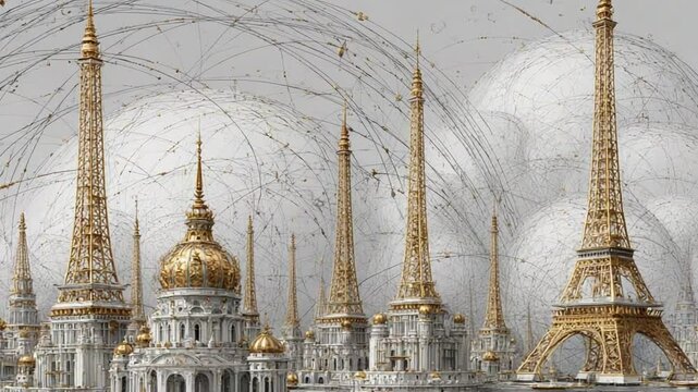 Parisian Dreamscape: A Surreal Cityscape of Iconic Towers and Golden Domes in Architectural Harmony