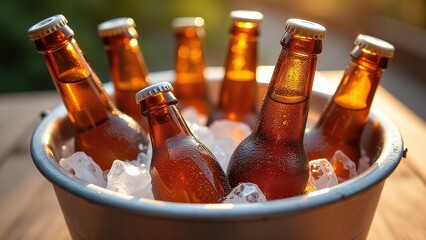 Cold beer bottles in ice bucket, Close-up with sunshine sparkle, Refreshing summer drink with water droplets, Outdoor wooden table party scene