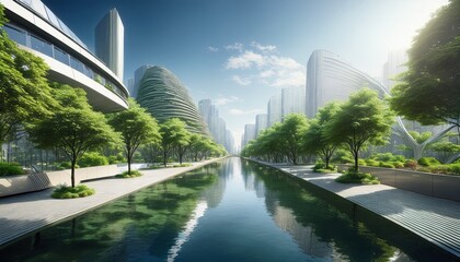 a serene waterway lined with lush trees and modern architecture creating a peaceful urban oasis sustainable futurism