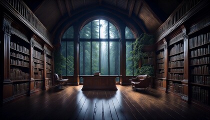 a dark academia library with a large window looking out into a rainy forest the library is full of old books and wooden furniture