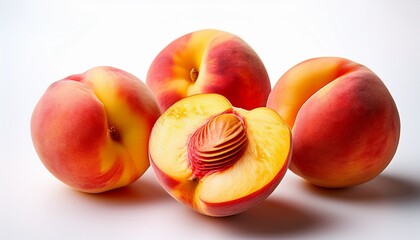 three ripe peaches one sliced open showing juicy interior white background
