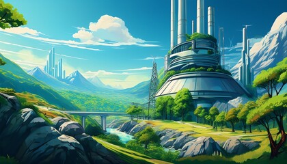 a modern industrial landscape featuring green trees rocky formations and towering structures under a bright blue sky sustainable futurism