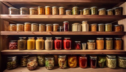 shelves in a humble community food pantry filled with a variety of canned foods generosity community