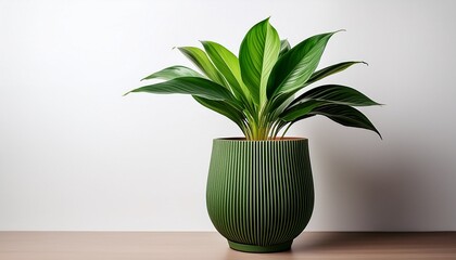 green potted plant in a pleated pot against a white background