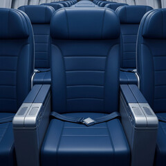 Row of dark blue airplane seats with armrests and seatbelt in a luxurious cabin layout.