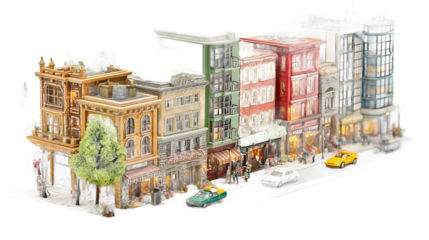 Miniature City Street Scene with Colorful Buildings and Vehicles