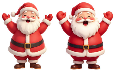 Fototapeta premium Two jolly santa clauses, arms raised in joyful celebration, isolated on transparent background