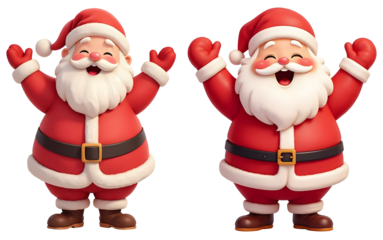 Two jolly santa clauses, arms raised in joyful celebration, isolated on transparent background