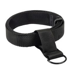 Black nylon strap with ring element on white background