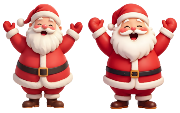 Two jolly santa clauses, arms raised in joyful celebration, isolated on transparent background