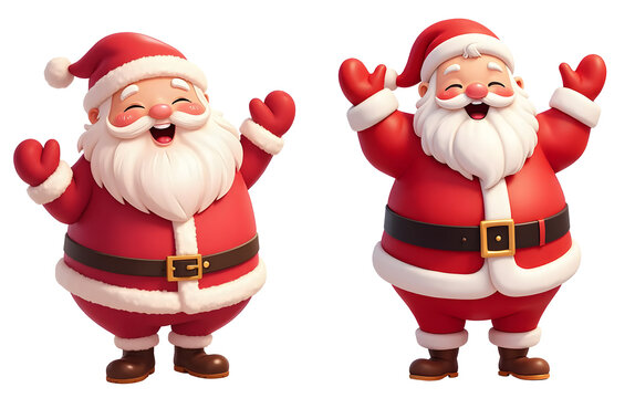 Two jolly santa clauses, isolated on transparent background, joyfully raise their arms in a festive pose
