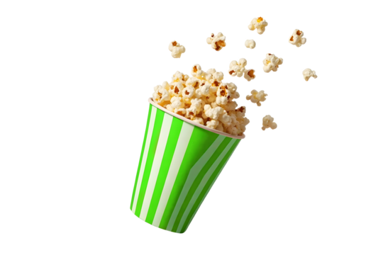 Buttery popcorn bursts from a vibrant green striped cup, isolated on transparent background