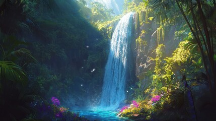 Tropical waterfall cascades into a pool surrounded by lush green vegetation and flowers