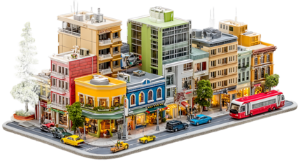 Miniature Cityscape with Colorful Buildings Vehicles and Street Details