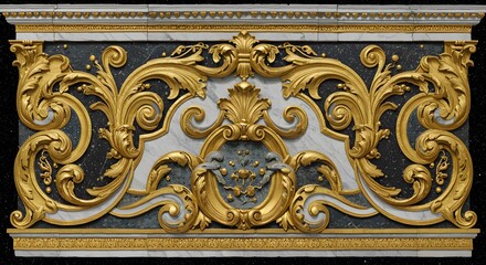 Ornate Gold Gilded Baroque Ornament on Marble Background, Rococo Style Decoration