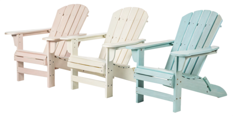 Set of three pastel colored Wooden lounge adirondack muskoka chair, isolated PNG transparent background