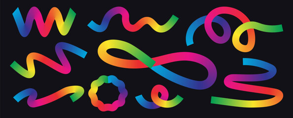 Set of colorful abstract ribbon elements with gradient transitions in rainbow hues in black background. Curved and twisted shapes ideal for festive designs, digital artwork and modern compositions