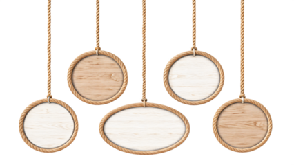 Set of wooden signs hanging on ropes, isolated PNG transparent background