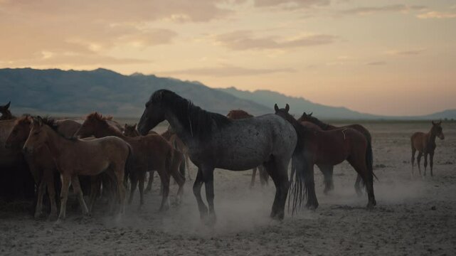 Wild horses running and grazing during sunset in the high desert mountains