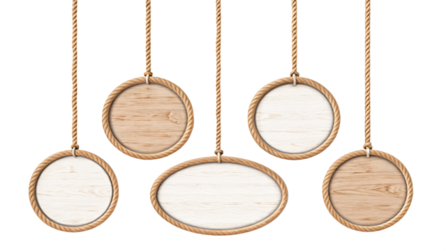 Set of wooden signs hanging on ropes, isolated PNG transparent background