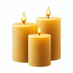 Three burning pillar candles with warm flames, isolated on white background.