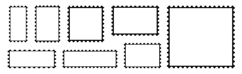 Set of postcard stamps template. Mockup postage stamps.Jagged wavy edge forms