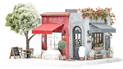 Miniature European Cafe with Red Awning and Floral Decorations