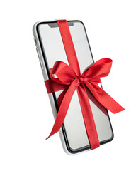 smartphone with a red ribbon, gift, sale, isolated PNG transparent background