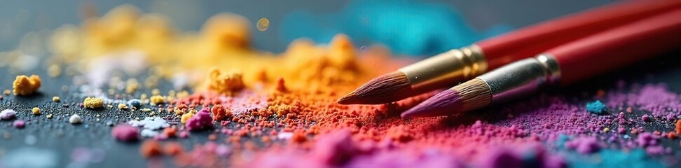 Fototapeta premium Close-up of paintbrushes and a vibrant artist's palette overflowing with color, symbolizing the fervent energy of creative passion , imagination, supplies, paint