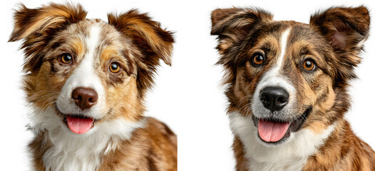 Two adorable brown and white dogs, isolated on transparent background, gaze playfully at the camera with tongues out