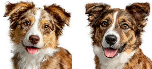 Two adorable brown and white dogs, isolated on transparent background, gaze playfully at the camera with tongues out