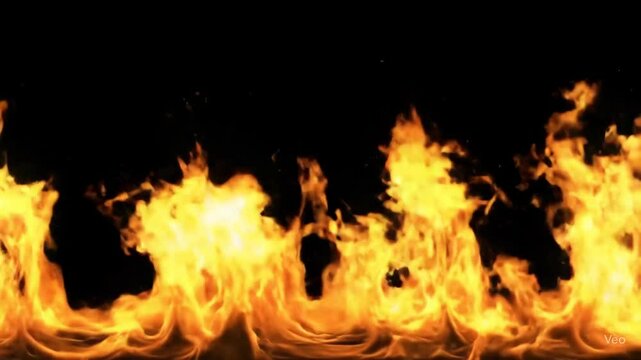Orange fire flames at bottom of dark background, burning energy. Abstract blaze with bright light for overlay or visual effect.