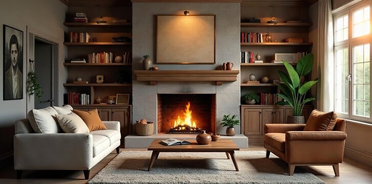 A cozy living room with a fireplace, bookshelves, and soft lighting, perfect for a relaxed and inviting virtual background Ideal for online meetings or streaming , cozy, calm, warm