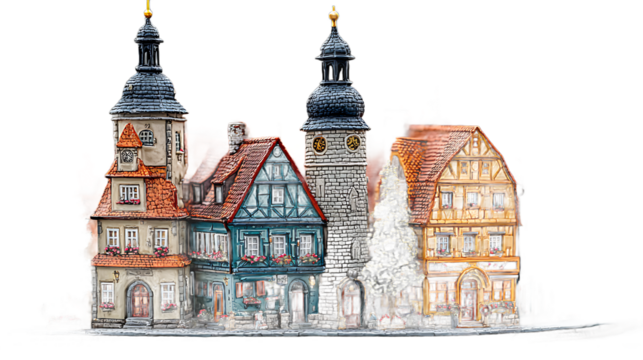 Miniature European Village with Towers HalfTimbered Houses and Floral Accents
