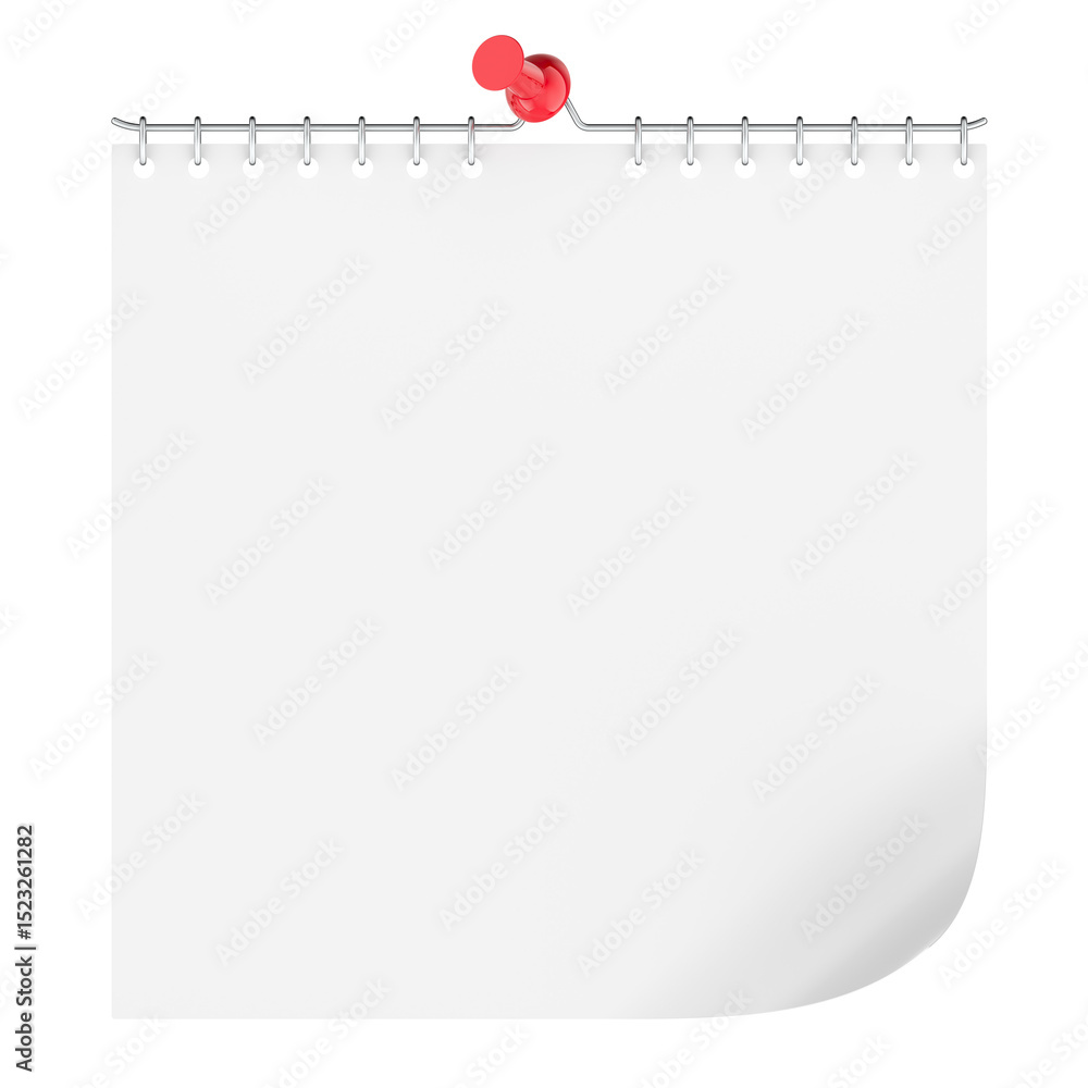 Poster spiral calendar, blank page with red push pin. 3d rendering isolated on transparent background