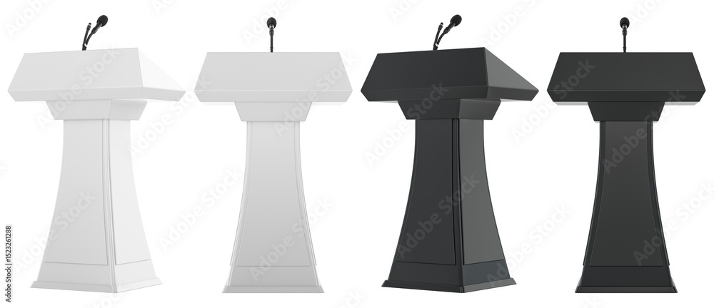 Poster podiums with microphones, white and black, side and front views. 3d rendering isolated on transparen