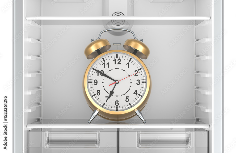 Poster alarm clock inside empty refrigerator, intermittent fasting concept. 3d rendering isolated on transp