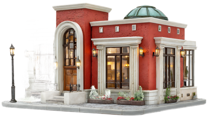 Miniature Red Building with Dome Windows and Street Lamp