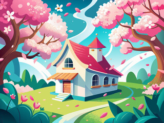 vector of White toy house and cherry blossoms, abstract spring natural background.