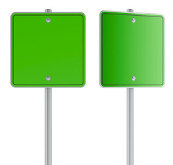 Blank green square road signs on metal poles. 3D rendering isolated on transparent background