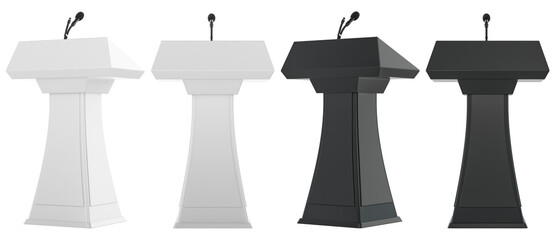 Podiums with microphones, white and black, side and front views. 3D rendering isolated on transparent background