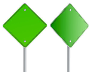 Green diamond-shaped road signs, blank on metal poles. 3D rendering isolated on transparent background