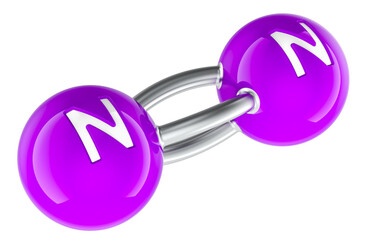 Nitrogen molecule N2, 3D Atomic Model. 3D rendering isolated on transparent background