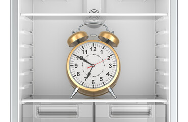 Alarm clock inside empty refrigerator, intermittent fasting concept. 3D rendering isolated on transparent background
