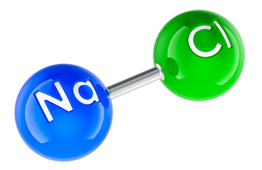 Sodium chloride NaCl molecule model. 3D rendering isolated on transparent background