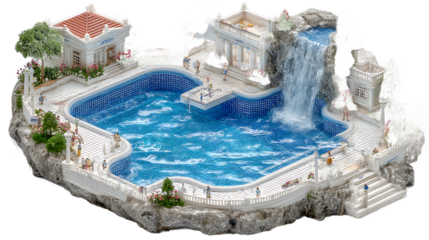Miniature Resort Scene with Swimming Pool Waterfall and Buildings