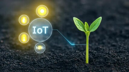 Smart agriculture sprout monitored with IoT HUD interface showing soil moisture, sunlight, and NPK sensor data