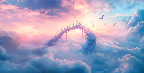 Inspirational Fantasy Landscape with Rollercoaster and FOLLOW YOUR DREAMS Message Amidst Clouds in a Surreal Sky, Concept of Dream Pursuit and Adventure